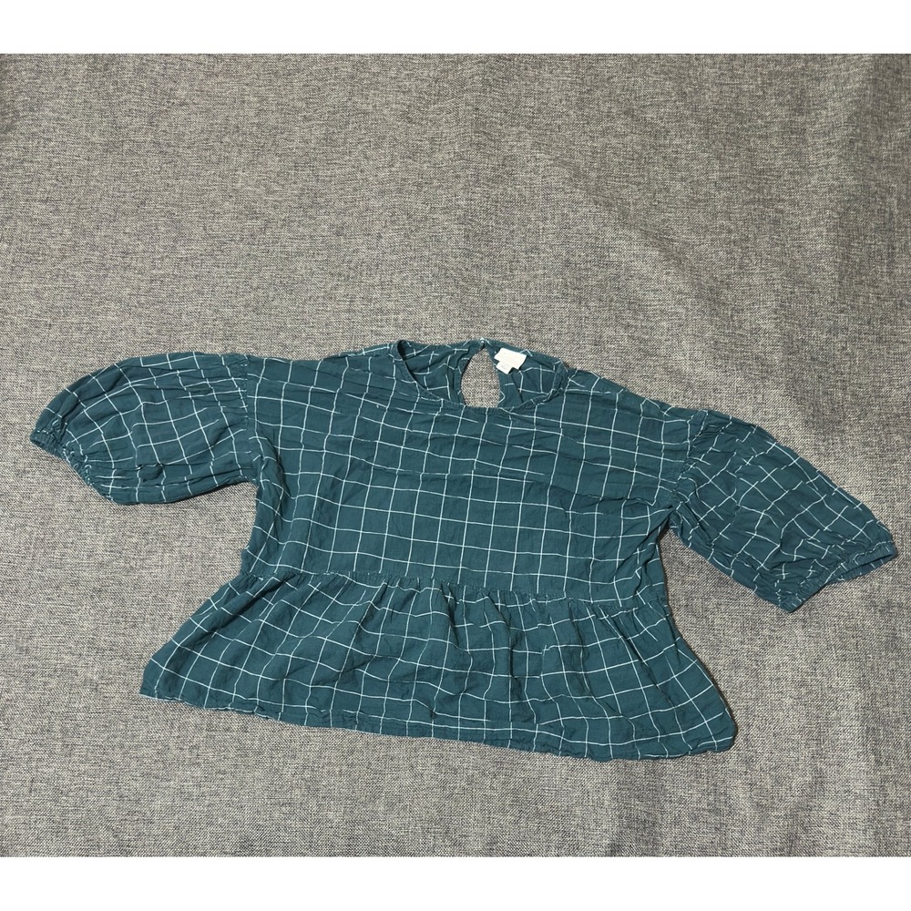A New Day Women's Large Peplum Top Dark Teal Plaid Puff Sleeve Keyhole Back